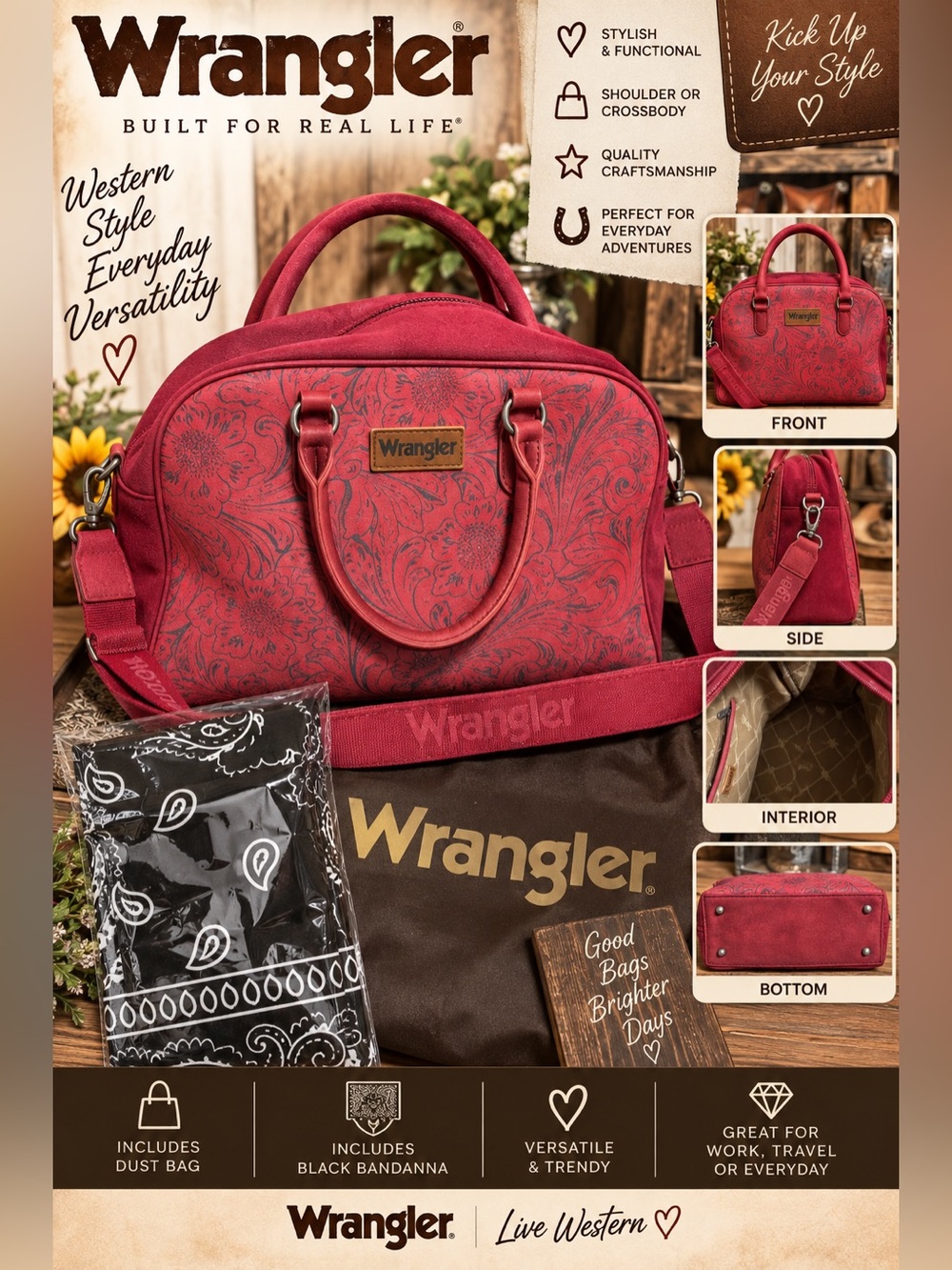 Wrangler Red Floral Embossed Convertible Satchel